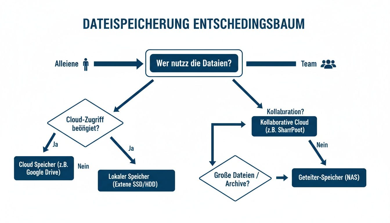 Flussdiagramm zur Dateispeicherung, zeigt Optionen für Einzelnutzer (Cloud, lokal) und Teams (Kollaborative Cloud, NAS).