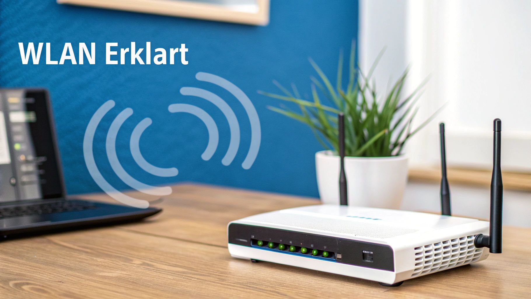 Ein moderner WLAN-Router steht auf einem Schreibtisch und sendet unsichtbare Signale aus
