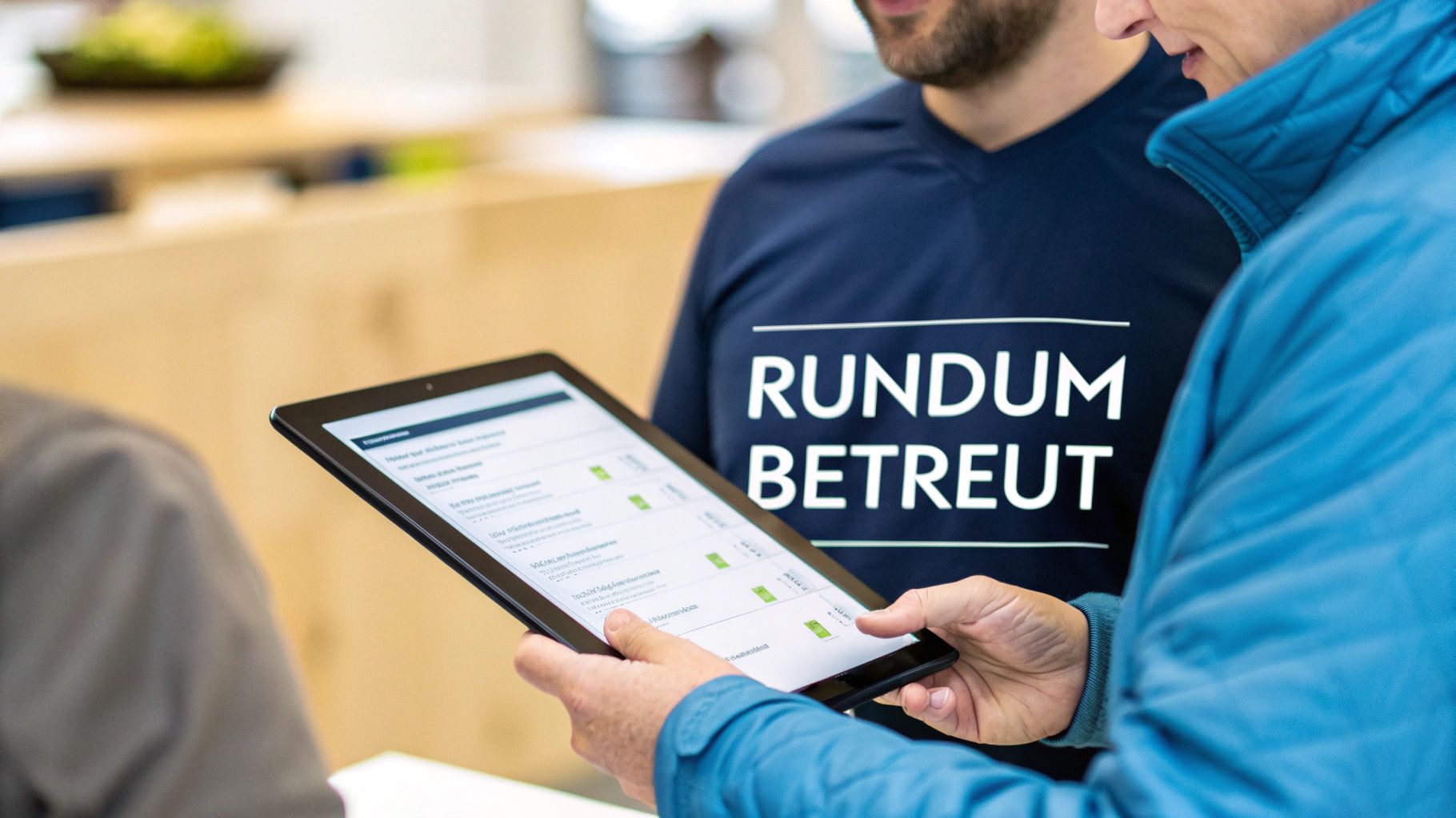 Berater zeigt Kundin Softwarelösung auf Tablet zur Verwaltung und Betreuung