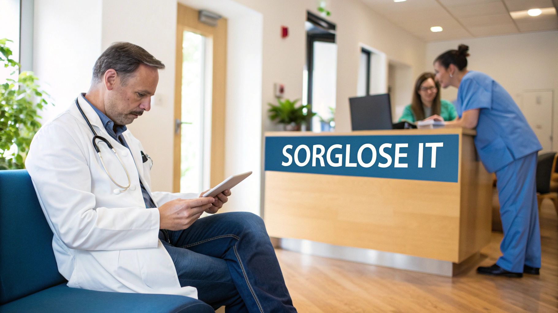 Arzt in weißem Kittel sitzt auf blauem Sofa, blickt auf Tablet. Im Hintergrund ein Empfangstresen mit der Aufschrift „SORGLOSE IT“ und zwei Mitarbeiterinnen.