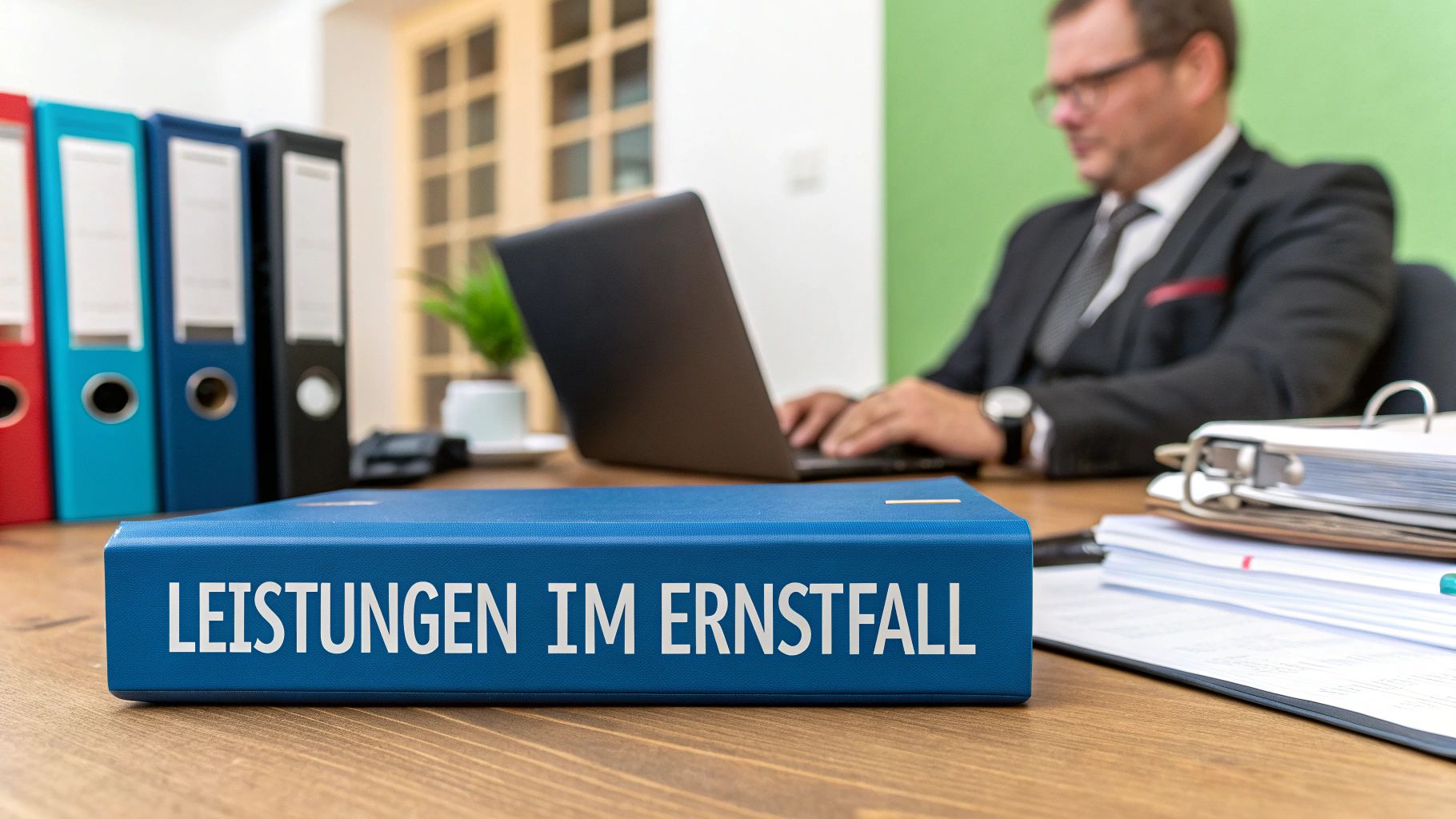 Blauer Ordner mit der Aufschrift „LEISTUNGEN IM ERNSTFALL“ auf einem Holztisch, im Hintergrund ein arbeitender Mann.