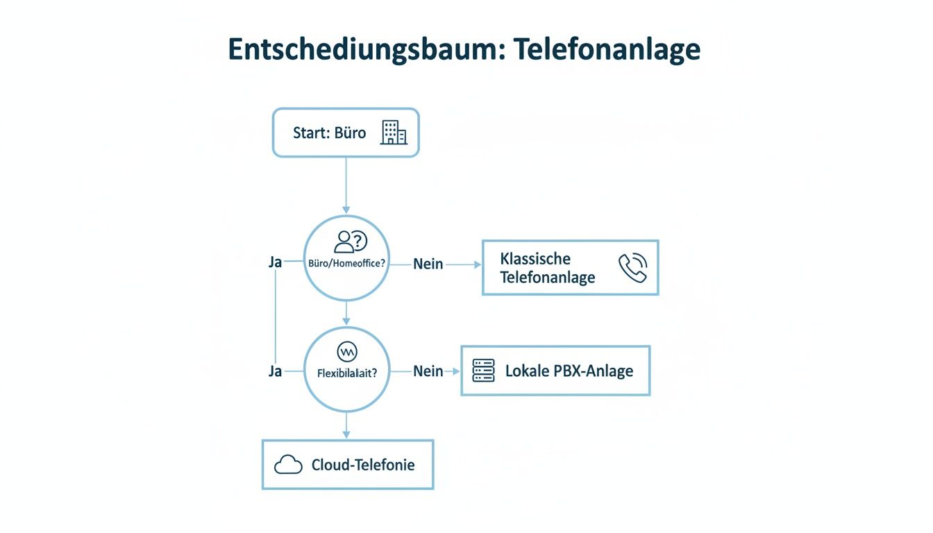 Entscheidungsbaum zur Auswahl einer Telefonanlage basierend auf Büro- und Homeoffice-Nutzung sowie Flexibilitätsanforderungen.