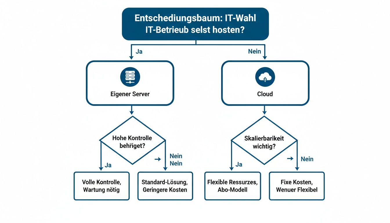 Entscheidungsbaum zur Wahl des IT-Betriebs: Eigen Server oder Cloud-Lösung mit Vor- und Nachteilen.