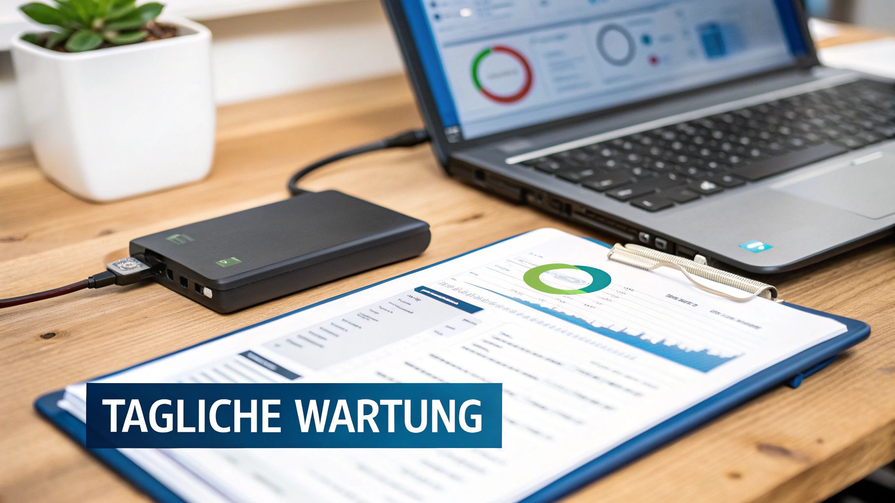Ein Schreibtisch mit Laptop, externer Festplatte und Dokumenten, die Datenanalyse und tägliche Wartung zeigen.
