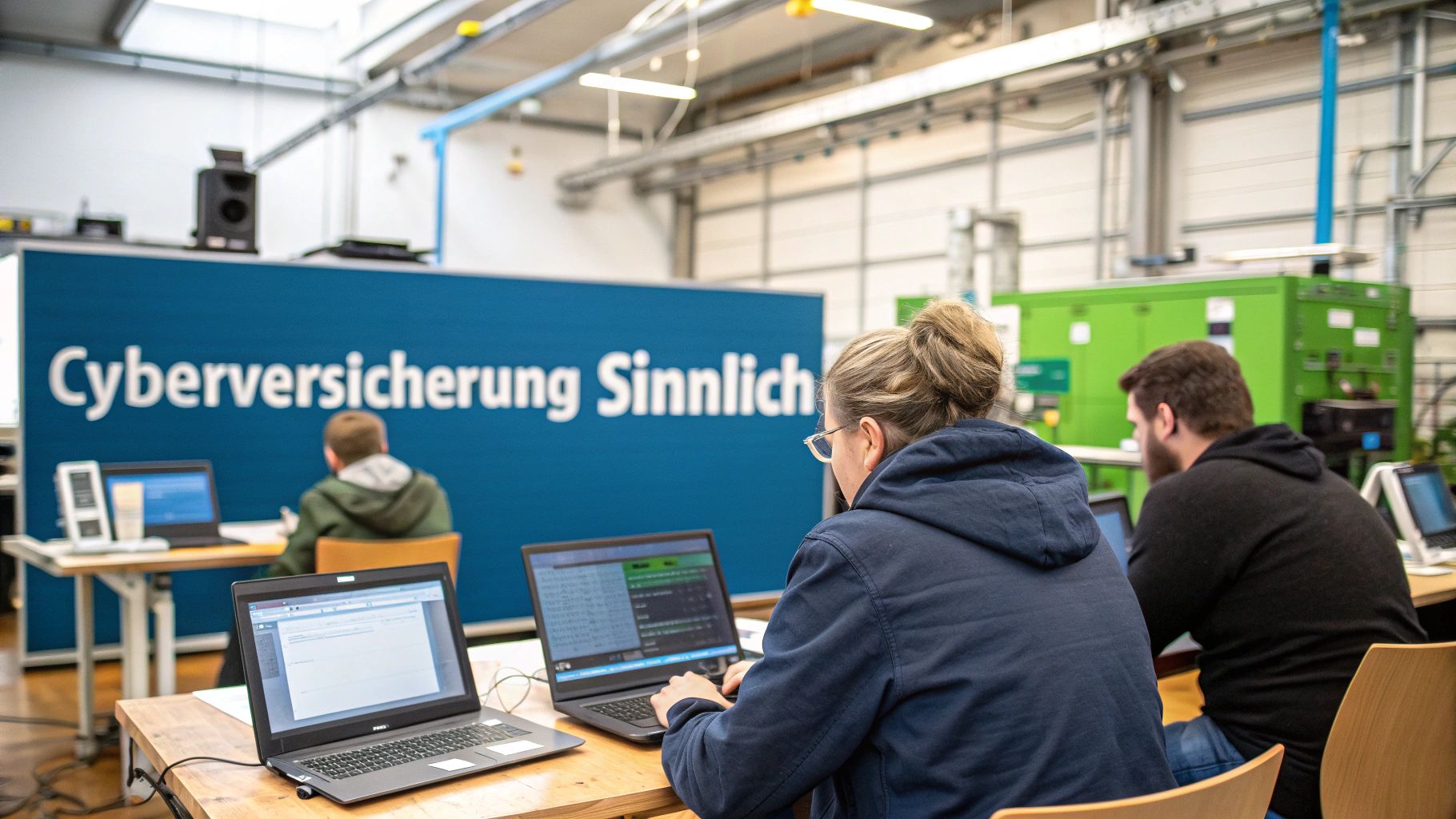 Personen arbeiten konzentriert an Laptops in einem Seminarraum mit dem Schild 'Cyberversicherung Sinnlich'.