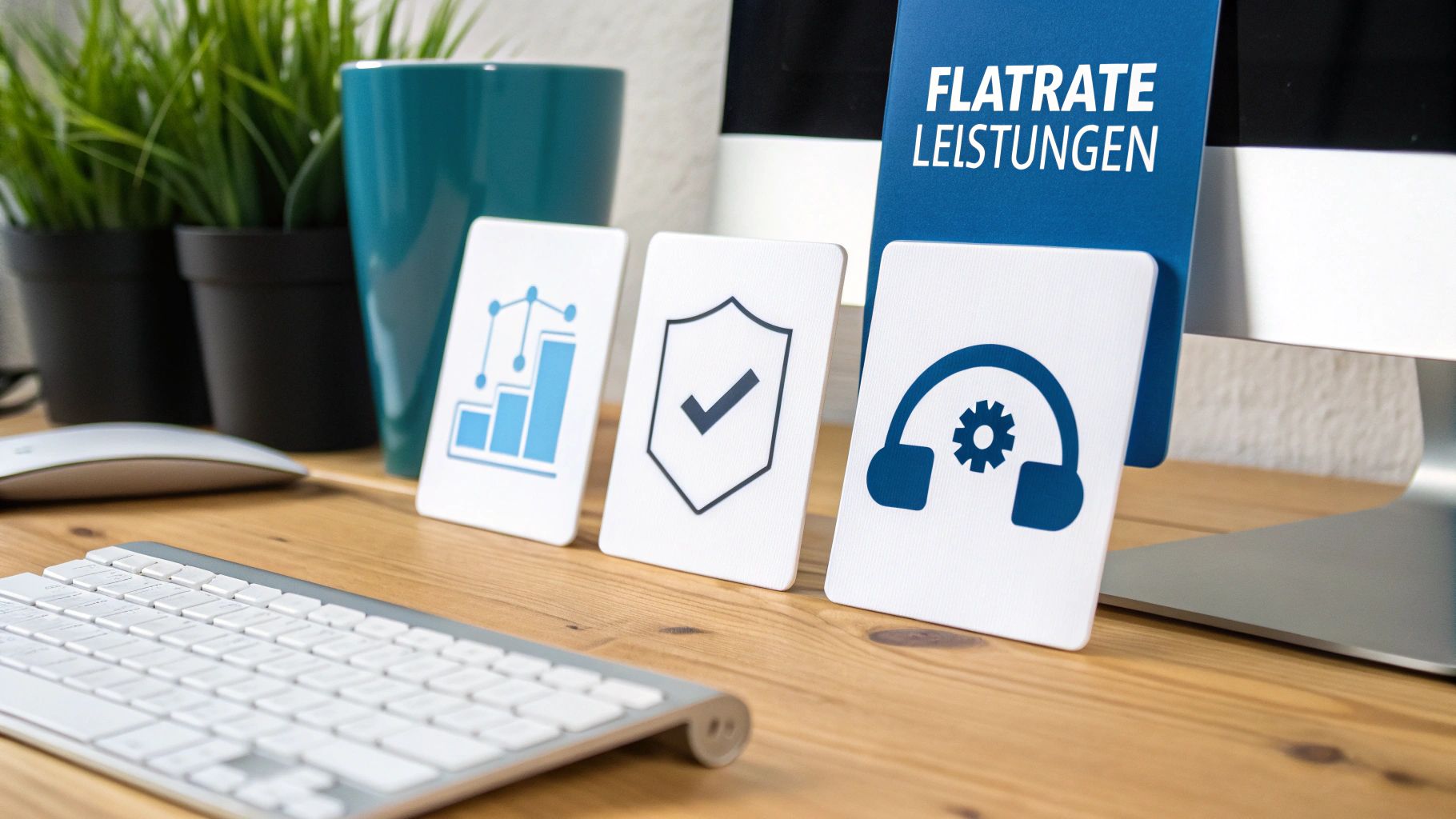 Schreibtisch mit PC und Karten, die IT-Flatrate-Leistungen symbolisieren: Datenanalyse, Sicherheit und Support in einer Büroumgebung.