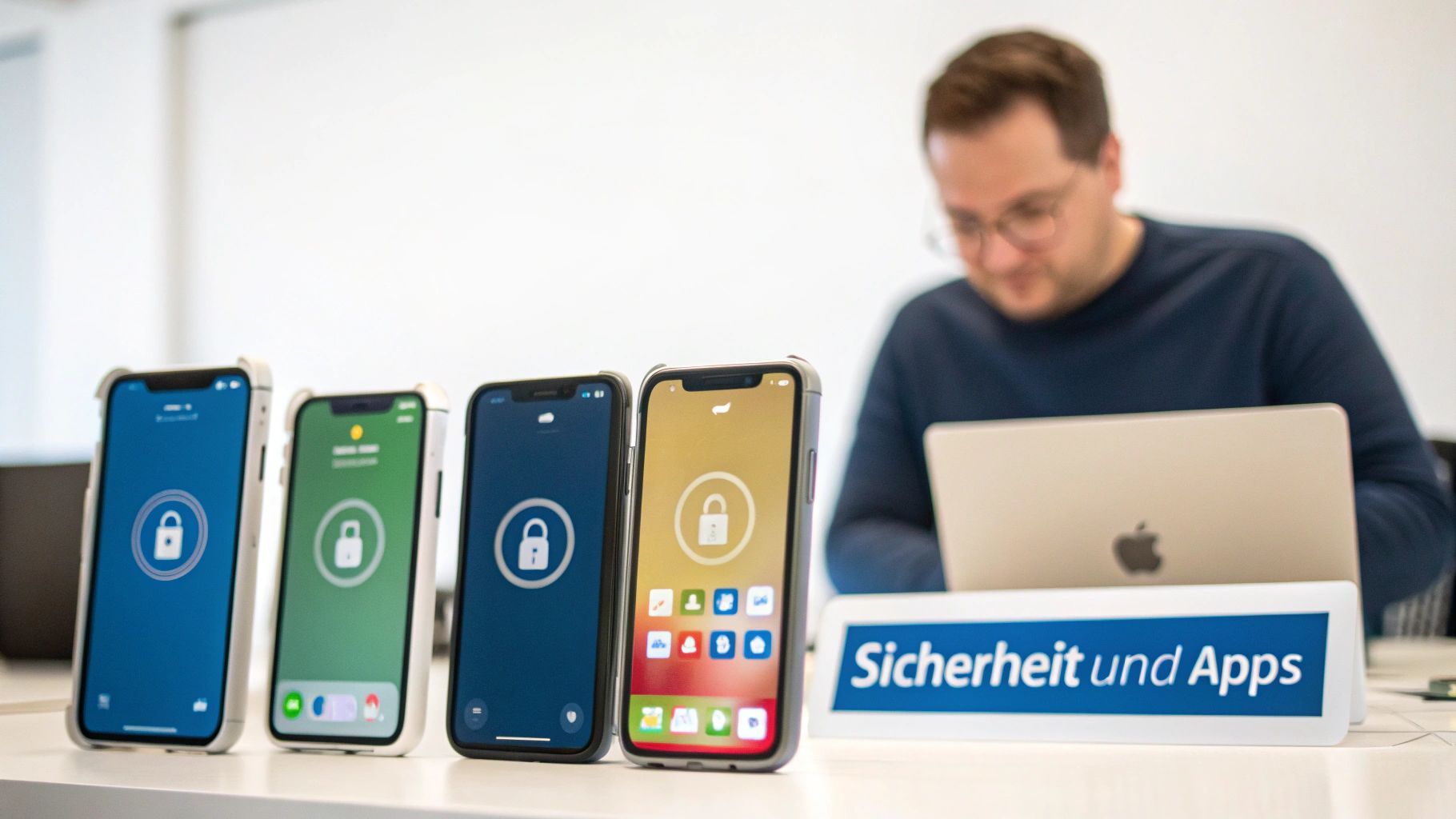 Vier iPhones mit Schloss-Symbolen auf einem Tisch, im Hintergrund ein Mann am Laptop und ein Schild 'Sicherheit und Apps'.