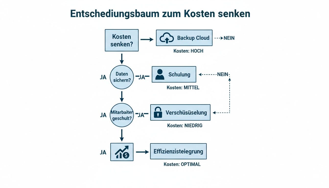 Entscheidungsbaum zur Kostenreduzierung, illustriert Schritte wie Backup, Schulung, Verschlüsselung und Effizienzsteigerung mit zugehörigen Kostenstufen.