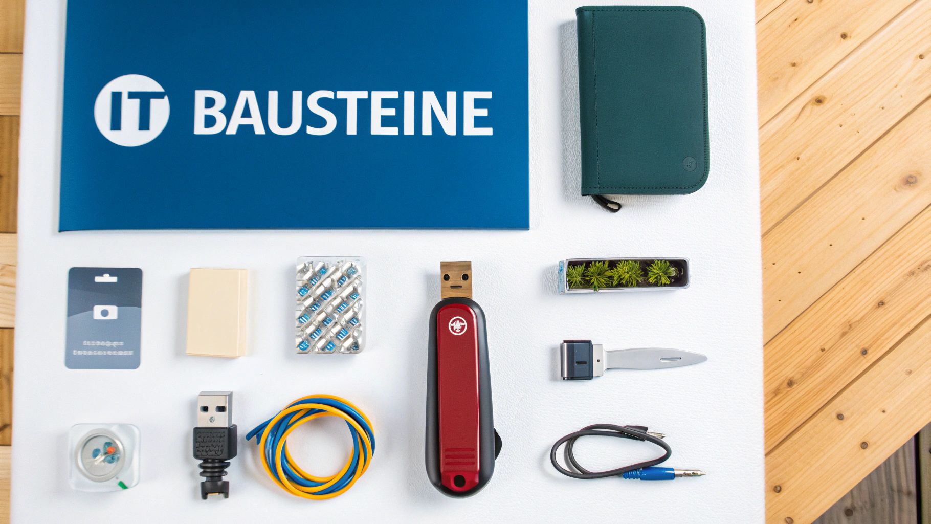 Eine flache Anordnung von IT-Gadgets und Zubehör, darunter ein Roboter-USB-Stick, eine Pflanze und ein IT BAUSTEINE Logo.