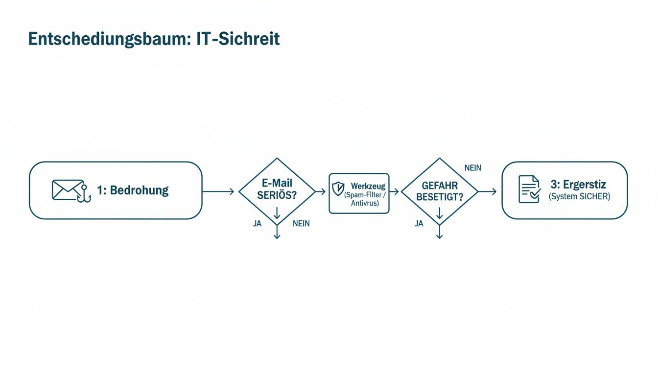 Flussdiagramm eines Entscheidungsbaums für IT-Sicherheit, das Schritte zur Bewertung von E-Mail-Bedrohungen und deren Beseitigung zeigt.