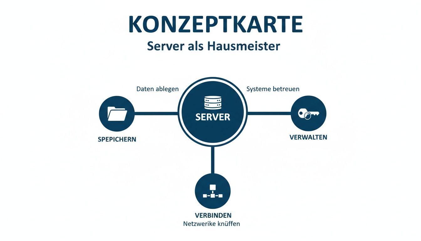 Konzeptkarte zum Thema „Server als Hausmeister“, die die Funktionen Speichern, Verwalten und Verbinden darstellt.