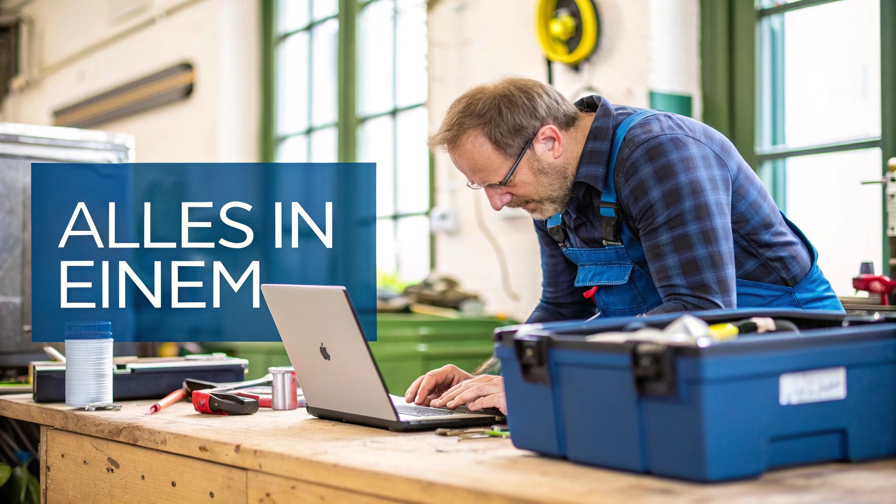 Handwerker in Arbeitskleidung arbeitet an einem Laptop auf einer Werkbank mit Werkzeugkiste. Im Vordergrund steht 'ALLES IN EINEM'.