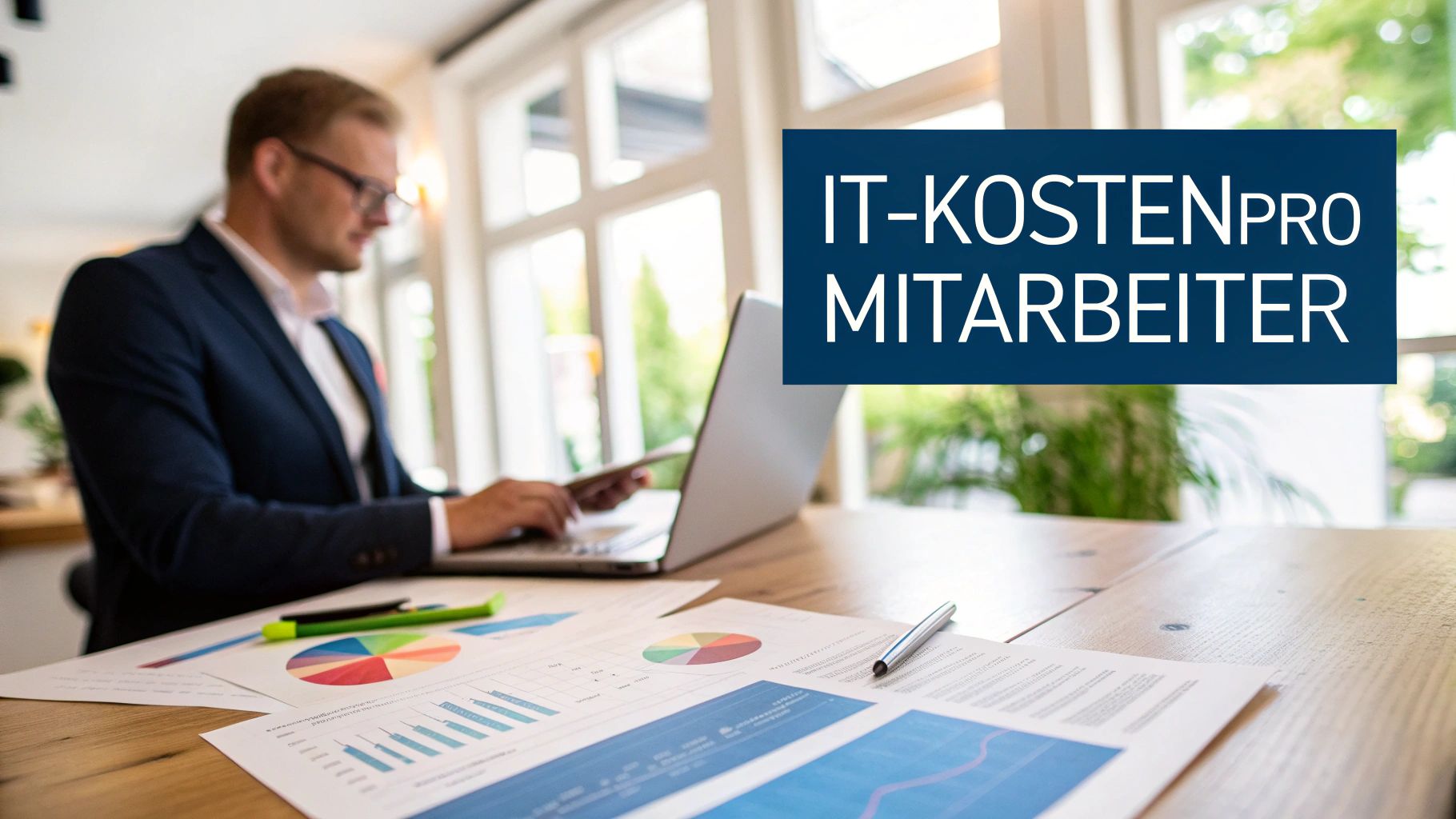 Ein Geschäftsmann analysiert IT-Kosten am Laptop, umgeben von Finanzdiagrammen, mit dem Text 'IT-KOSTEN pro MITARBEITER'.