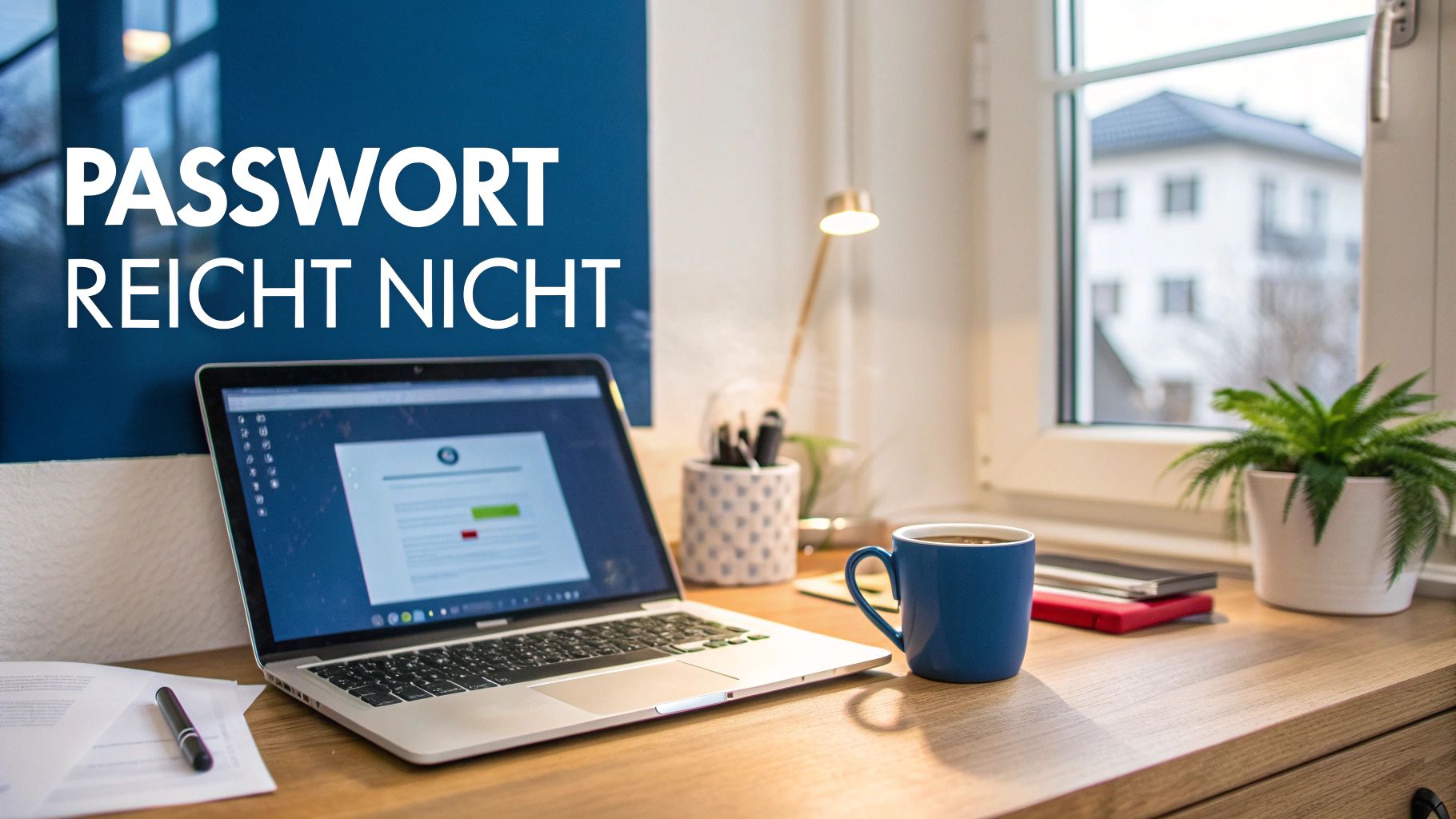 Laptop auf Schreibtisch mit Kaffee und dem Text „Passwort reicht nicht“, Thema Sicherheit