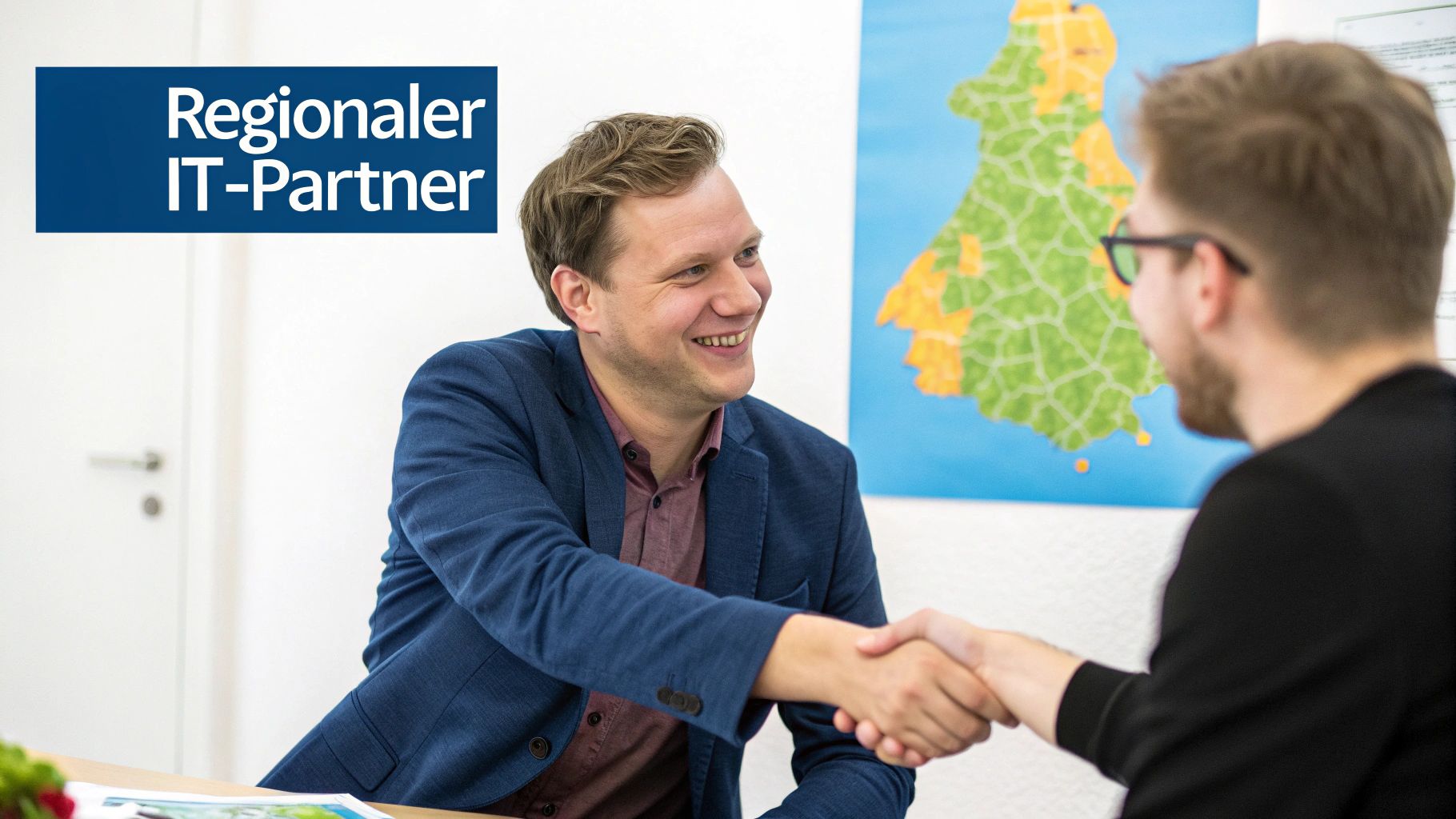 Zwei Männer schütteln sich im Büro die Hände, einer lächelt, mit dem Schriftzug 'Regionaler IT-Partner'.