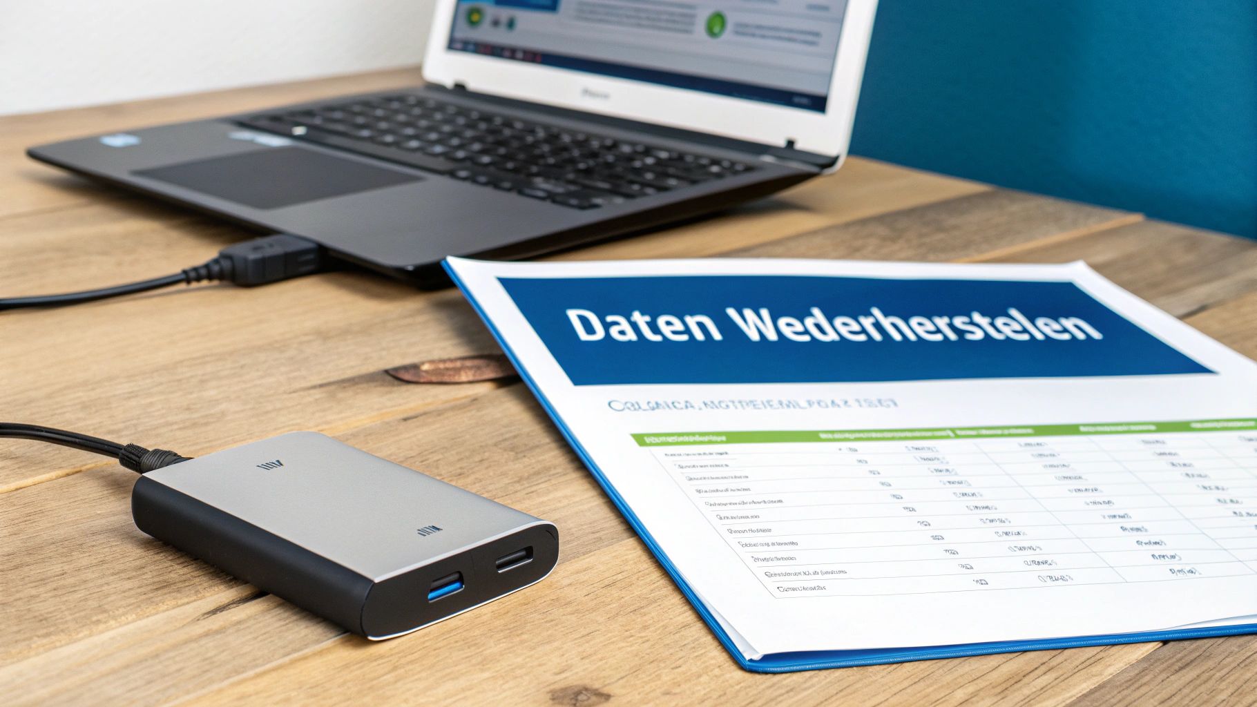 Laptop und externes Laufwerk auf Holztisch mit Dokument zur Datenwiederherstellung.