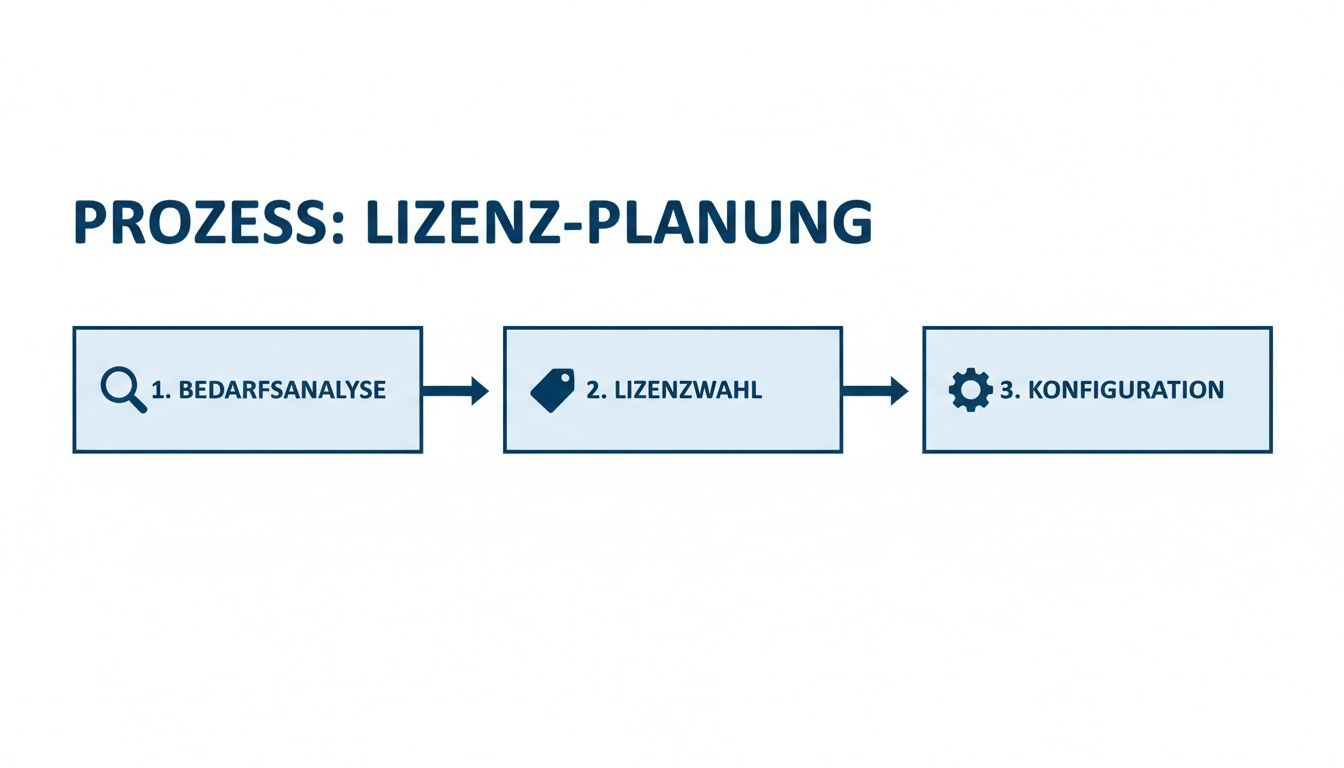 Flussdiagramm zum Prozess der Lizenzplanung mit den Schritten Bedarfsanalyse, Lizenzwahl und Konfiguration.