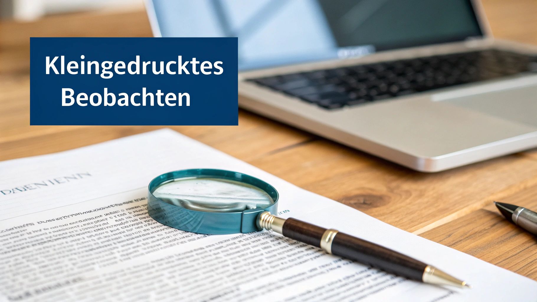 Vergrößerungsglas auf einem Dokument mit Text, daneben ein Stift. Symbolisiert das genaue Prüfen des Kleingedruckten für Details.