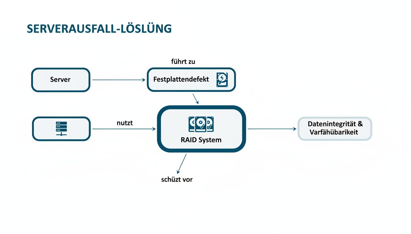Diagramm zur Serverausfall-Lösung: Server führt zu Festplattendefekt. RAID-System nutzt Server, schützt Datenintegrität und Verfügbarkeit.