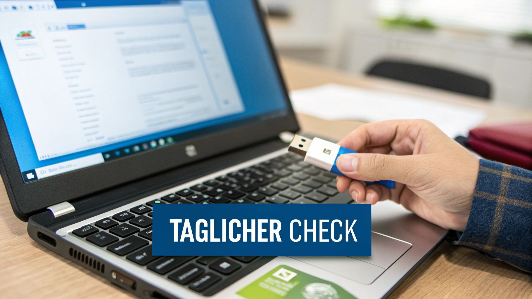 Nahaufnahme einer Hand, die einen USB-Stick hält, bereit ihn in einen Laptop zu stecken, mit dem Text 'TAGLICHER CHECK'.
