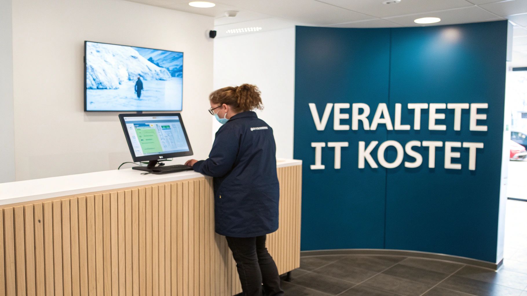 Eine Mitarbeiterin mit Gesichtsmaske und Brille arbeitet an einem Computer an einer Rezeption mit blauer Wand.