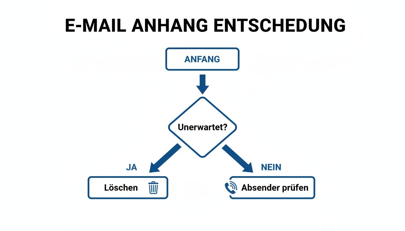 Flussdiagramm zur Entscheidung über E-Mail-Anhänge: Unerwartete Anhänge löschen, erwartete Anhänge Absender prüfen.