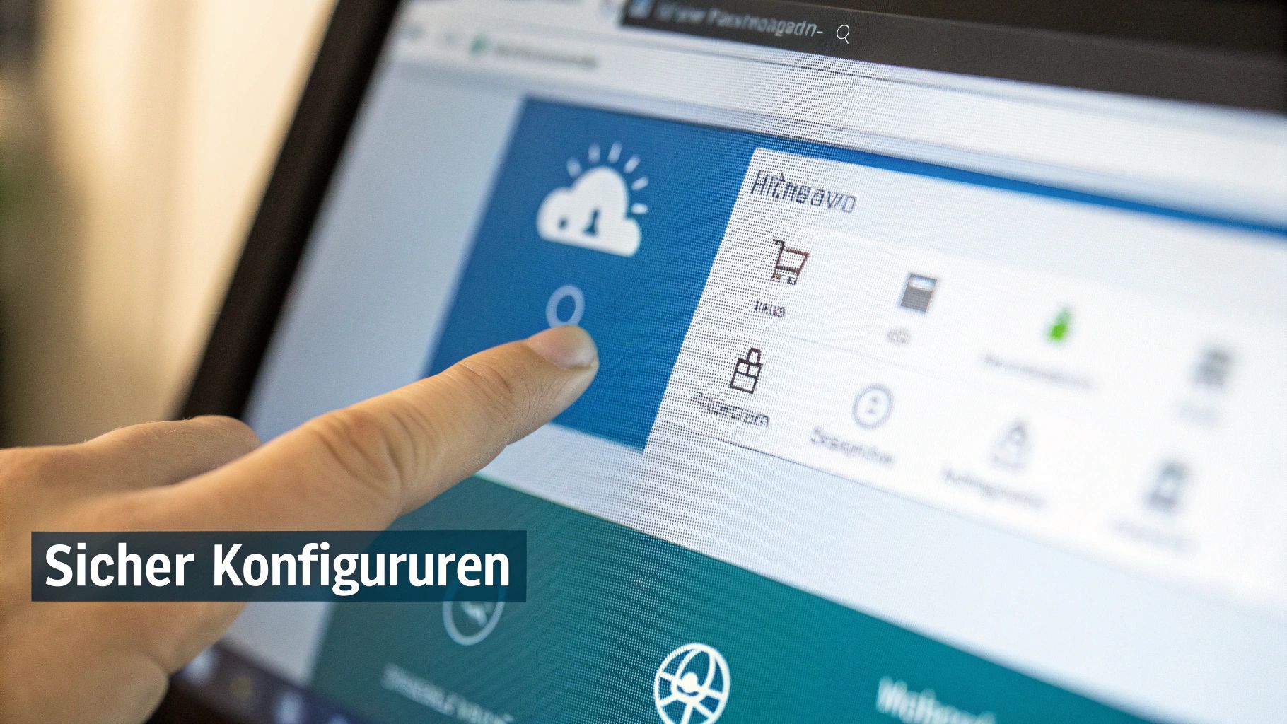 Person konfiguriert Browser-Sicherheitseinstellungen auf Touchscreen-Display mit Menü-Optionen für sicheres Surfen