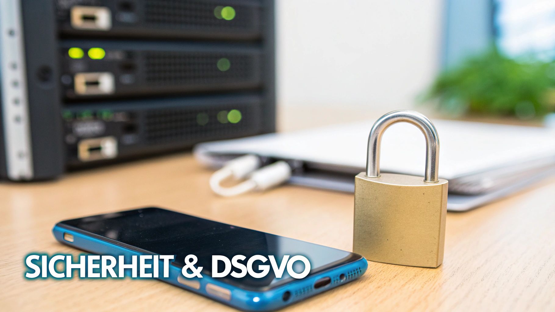 Smartphone, Vorhängeschloss und Serversysteme auf einem Schreibtisch symbolisieren Datensicherheit und DSGVO-Konformität.