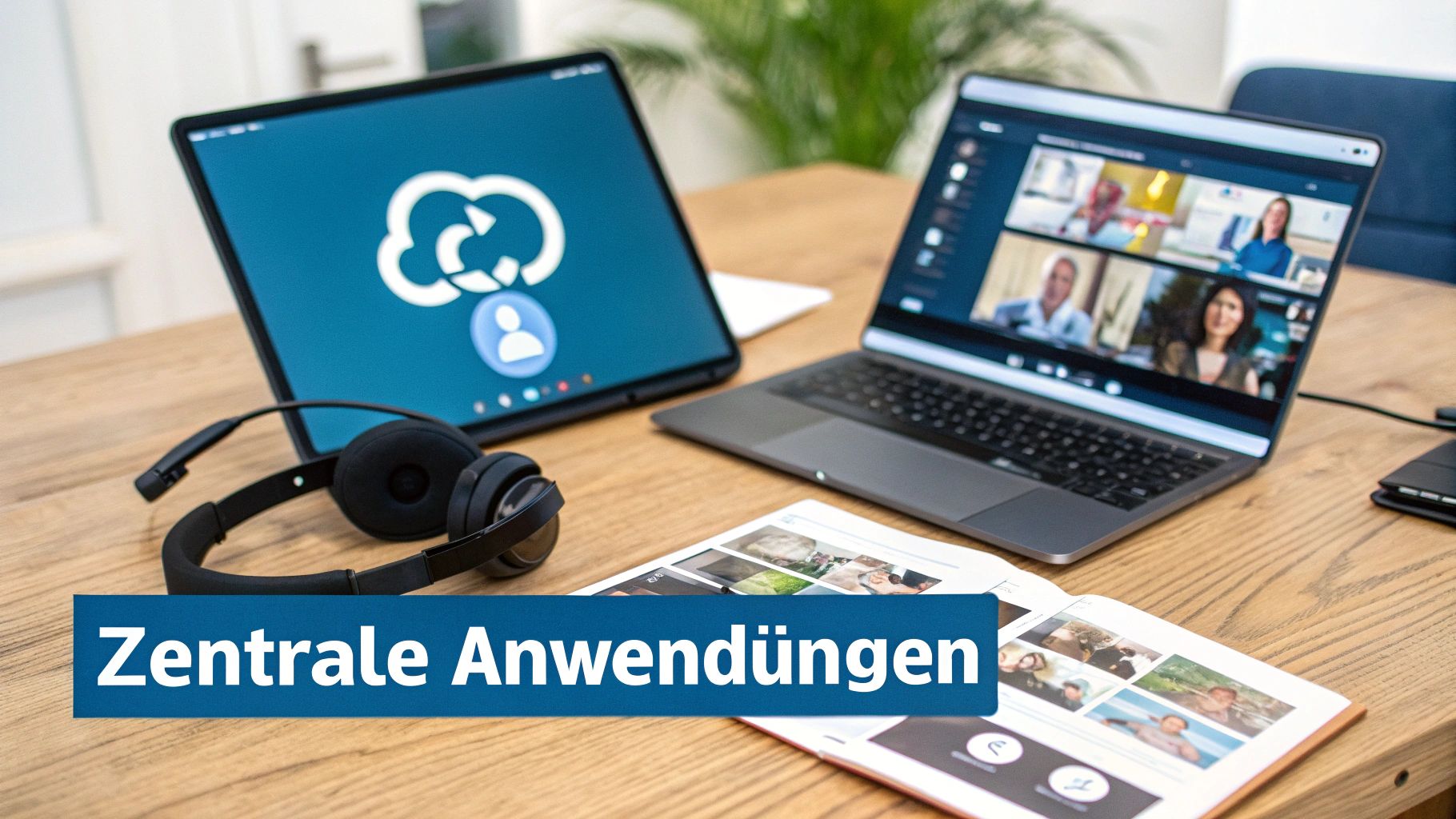 Modernes Büro mit Tablet, Laptop und Kopfhörern, genutzt für Cloud-Anwendungen und Videokonferenzen.