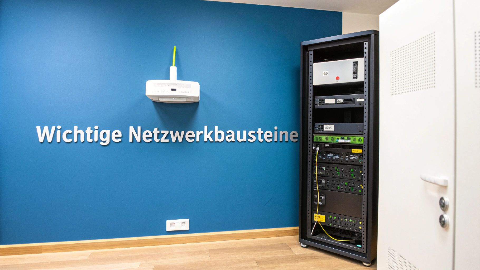 Eine schematische Darstellung von Netzwerkkomponenten wie Server, Switch und Firewall, die miteinander verbunden sind.