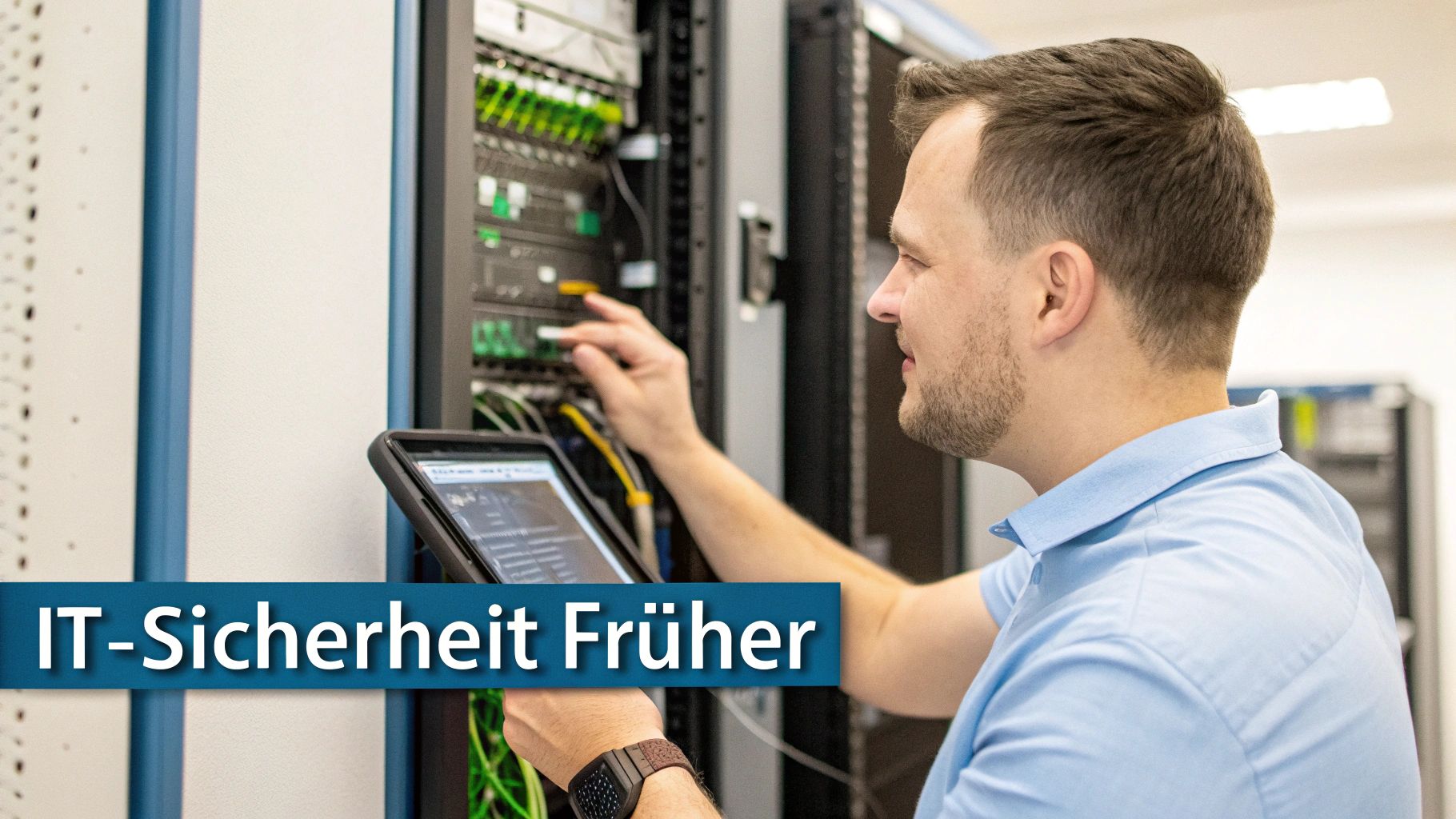 Ein Mann arbeitet an Serverracks, hält ein Tablet und überprüft Netzwerkkabel. Im Vordergrund der Text 'IT-Sicherheit Früher'.