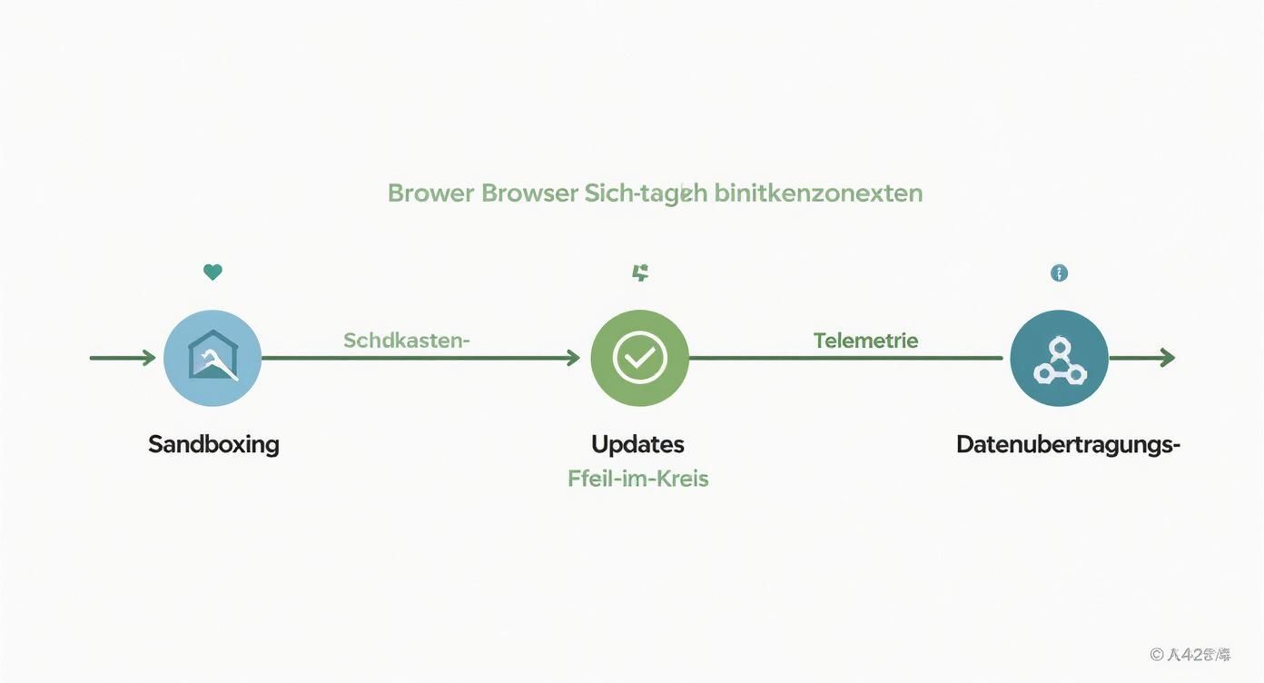 Flussdiagramm zeigt Browser-Sicherheitsprozess mit Sandboxing, Updates und Datenübertragung in drei Schritten