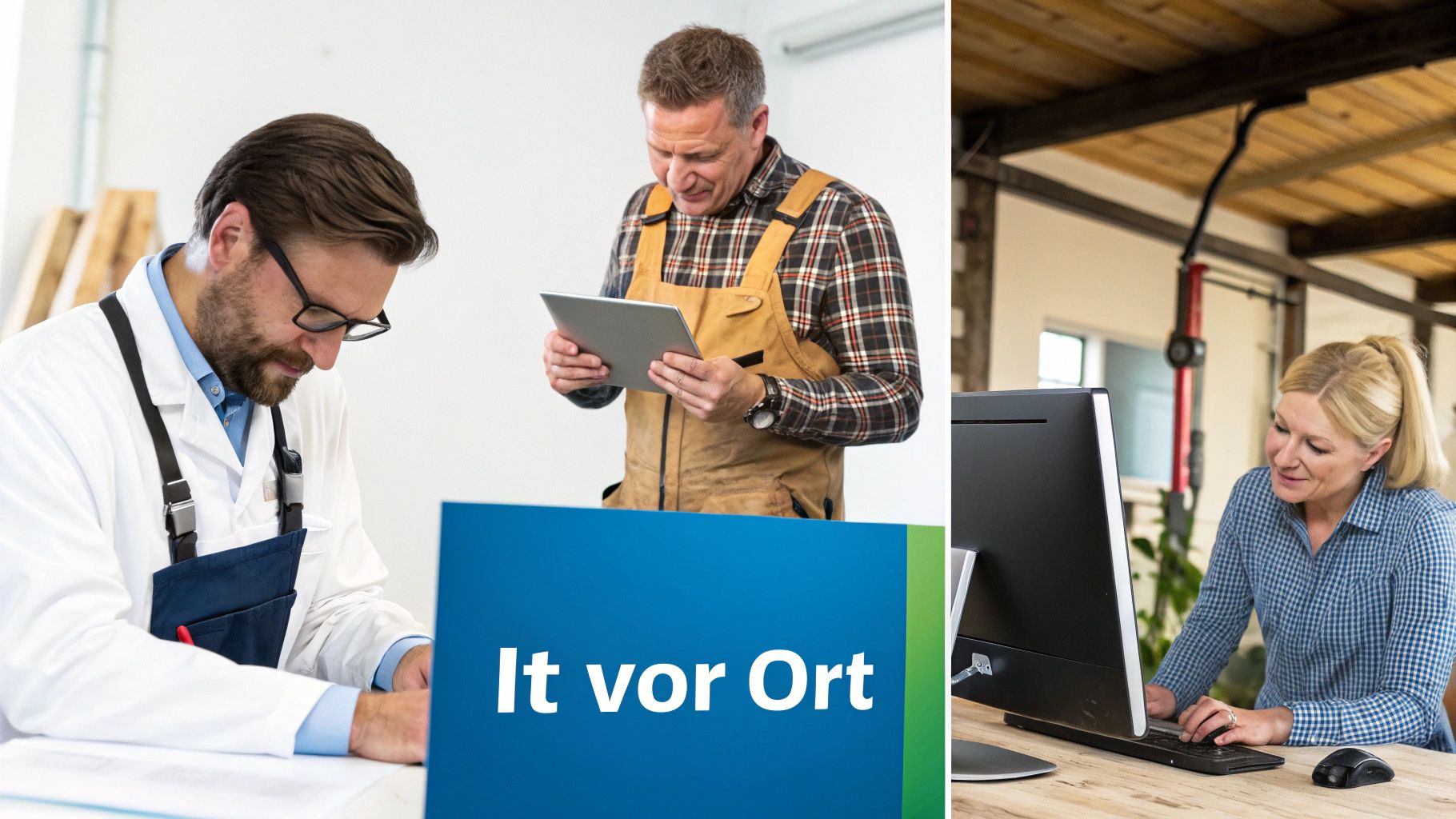 Drei Personen bei der Arbeit: ein Mann am Schreibtisch, einer mit Tablet, eine Frau am Computer. Text: It vor Ort.