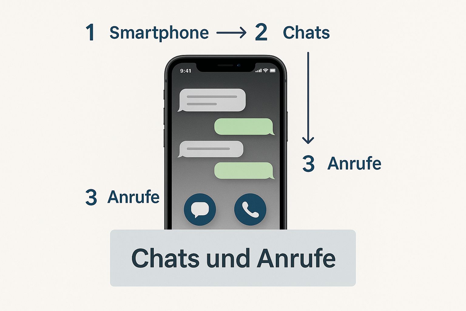 Infografik, die ein Smartphone mit Chat- und Anruf-Symbolen zeigt, mit dem Text "Chats und Anrufe" im unteren Drittel, um die unmittelbare Kommunikation in Microsoft Teams zu visualisieren.