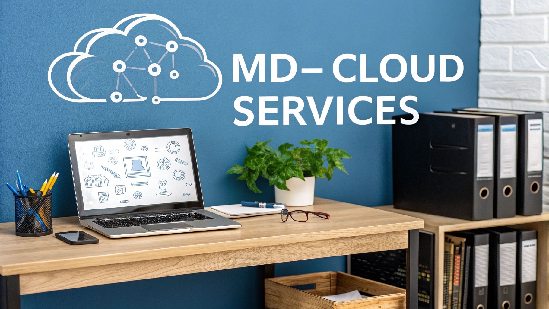 Ein Schreibtisch mit Laptop, Pflanze und Büroordnern unter einem Wand-Logo für MD-CLOUD SERVICES.