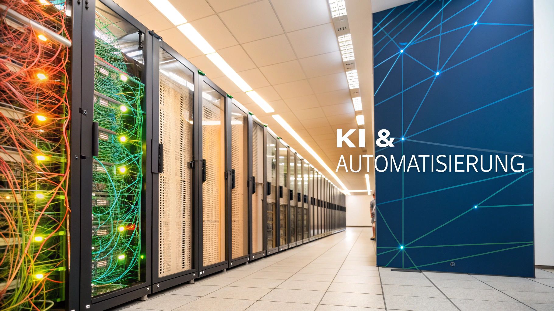 Eine futuristische Darstellung von Datenströmen und künstlicher Intelligenz, die ein Netzwerk analysiert.