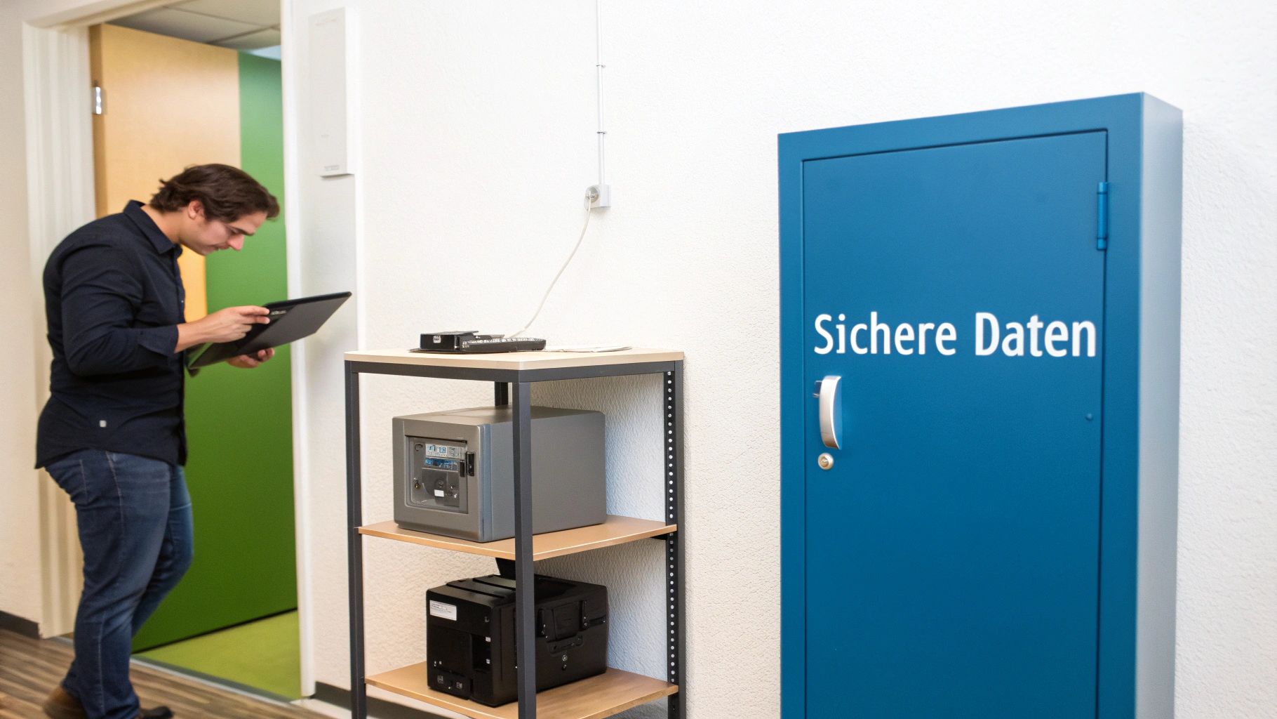 Mann mit Tablet neben Regal mit Servern und blauem Schrank 'Sichere Daten' im Büro.