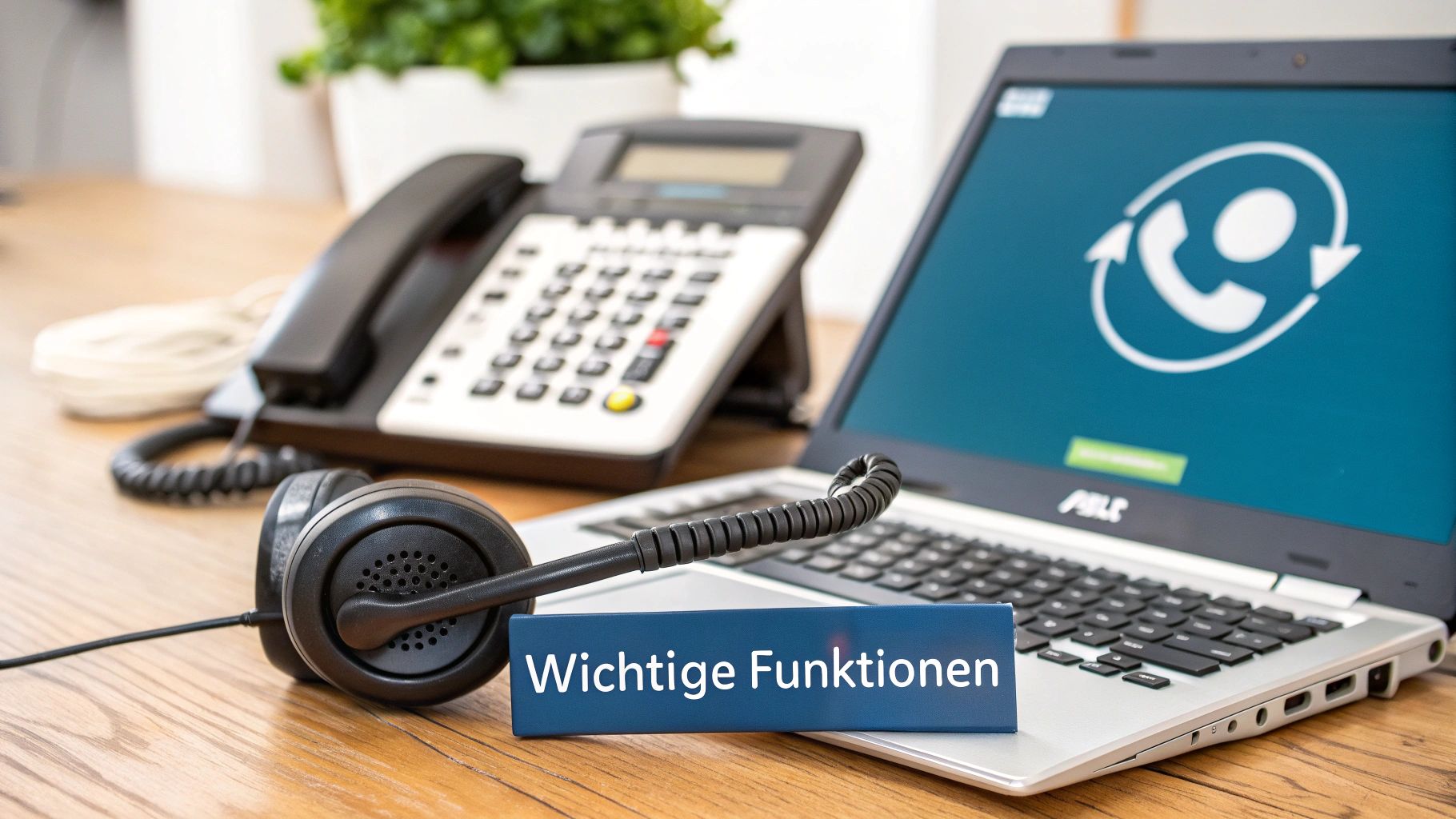 Büroarbeitsplatz mit Tischtelefon, Laptop mit Telefon-Symbol und Headset, daneben eine blaue Plakette mit der Aufschrift 'Wichtige Funktionen'.