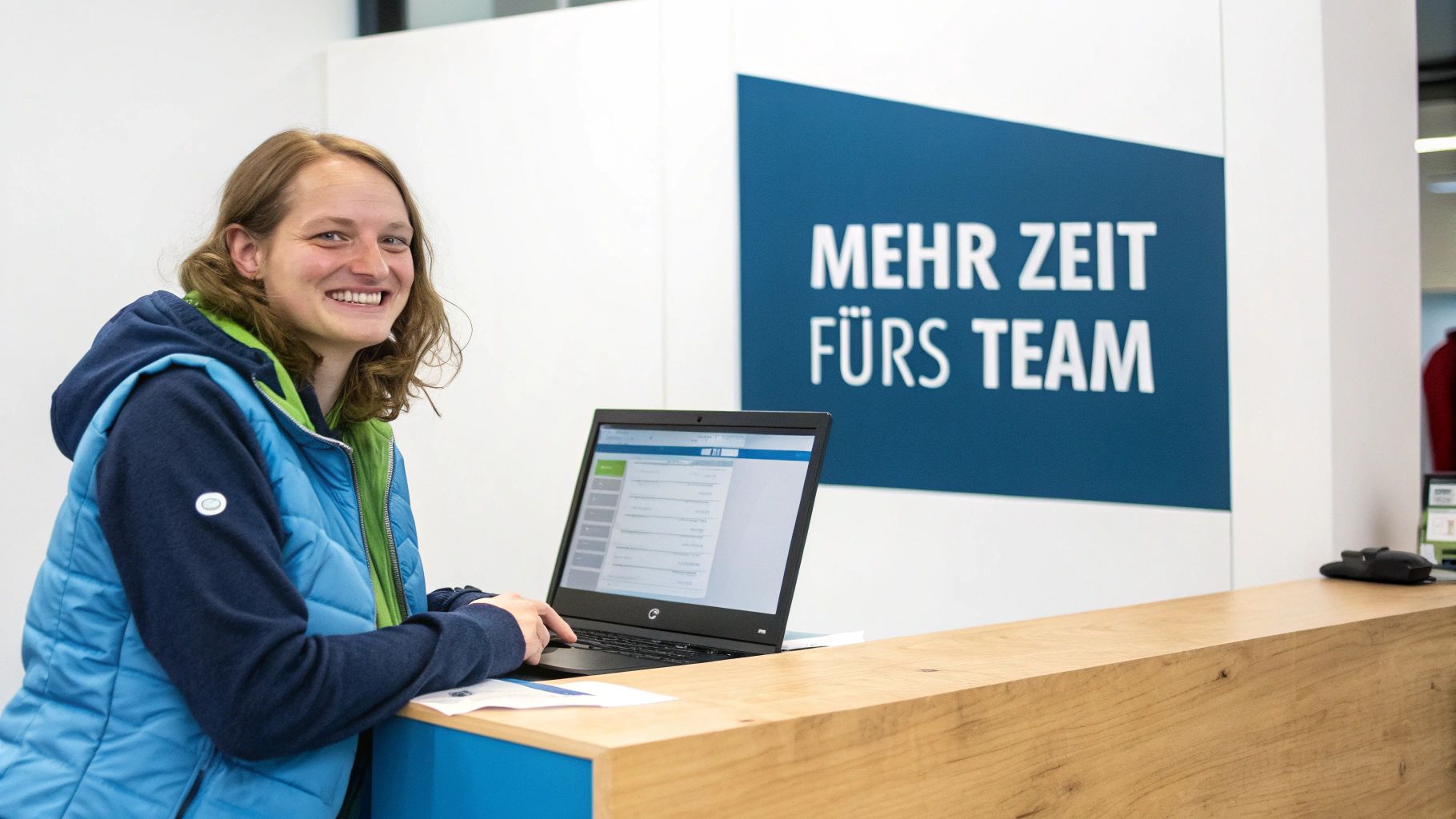 Eine Person arbeitet am Laptop an einer Vereinssoftware, im Hintergrund sind Vereinsmitglieder bei einer Aktivität zu sehen.