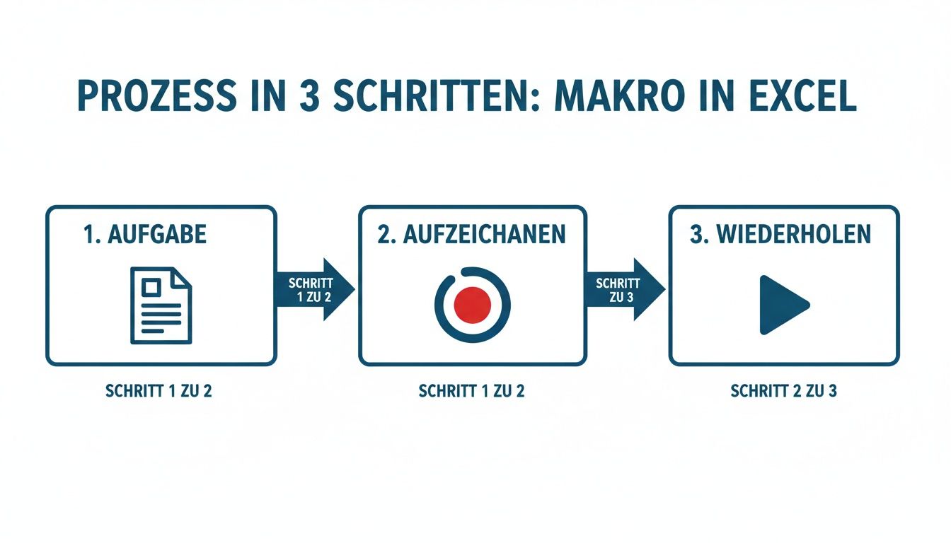 Infografik zeigt den 3-Schritte-Prozess zur Erstellung eines Makros in Excel: Aufgabe, Aufzeichnen, Wiederholen.