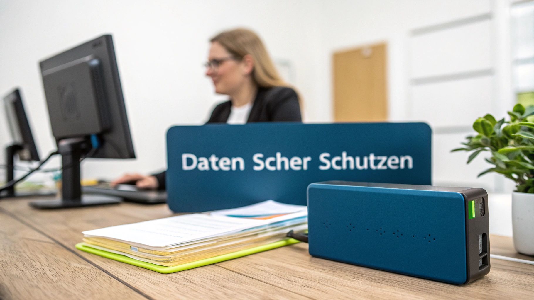 Frau arbeitet am Computer, während ein Schild 'Daten Sicher Schützen' und ein blaues Gerät auf dem Schreibtisch stehen.
