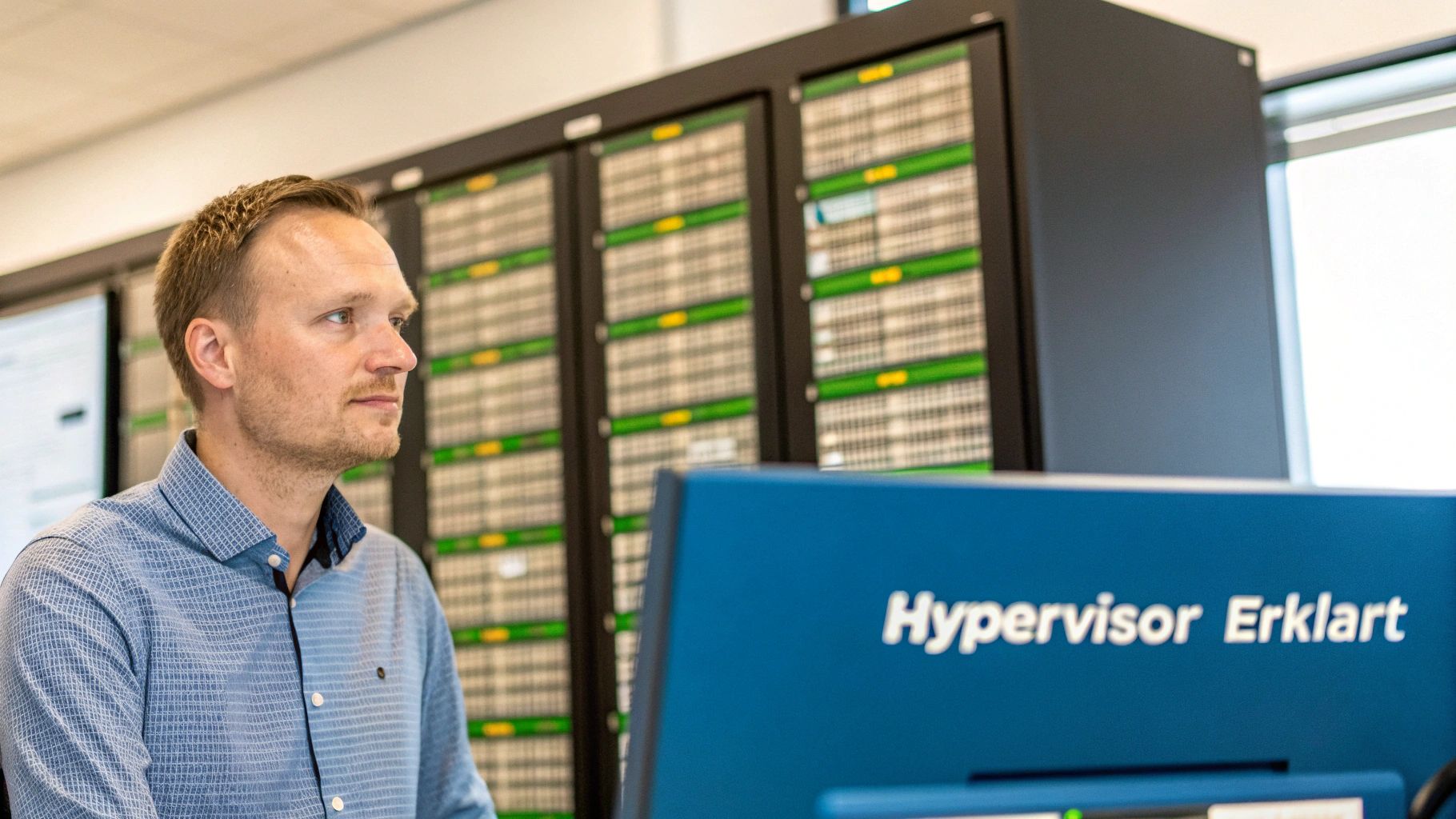 Ein IT-Spezialist in einem Serverraum blickt auf einen Monitor mit der Aufschrift 'Hypervisor'.