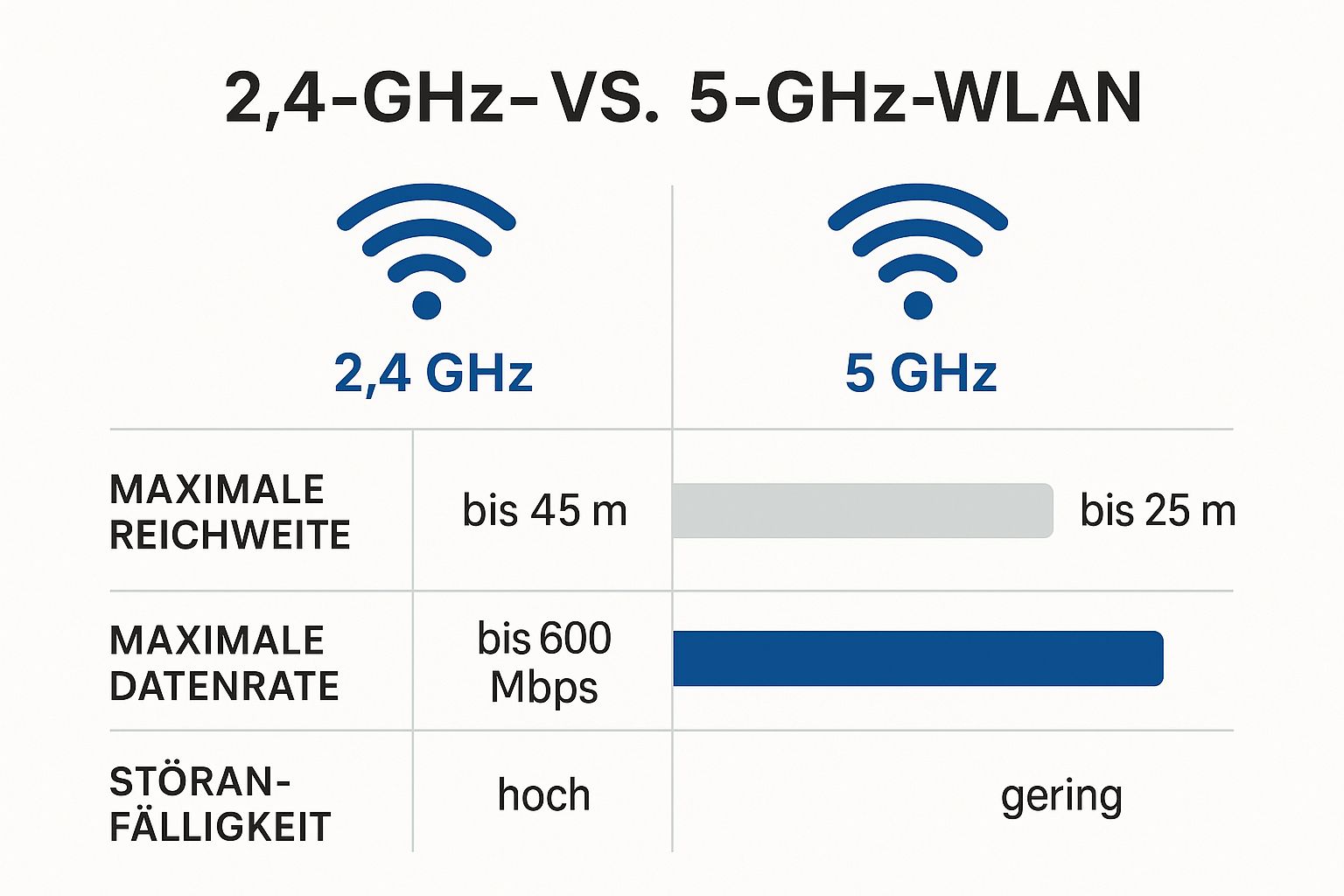 Infografik mit einem Vergleich zwischen 2,4-GHz- und 5-GHz-WLAN hinsichtlich Reichweite, Datenrate und Störanfälligkeit.