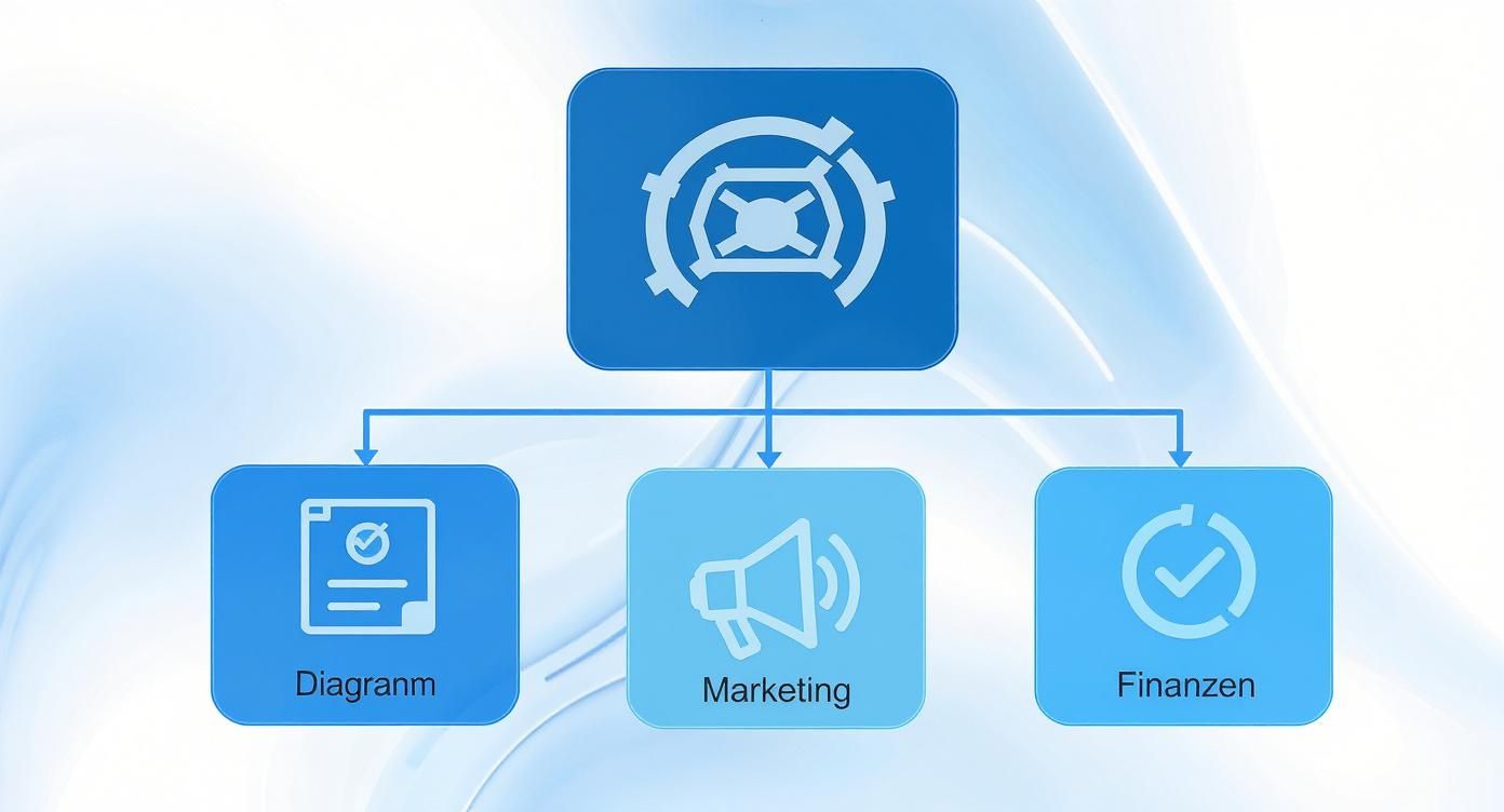 Hierarchisches Diagramm zeigt Dashboard-Struktur mit drei Kategorien: Diagramm, Marketing und Finanzen