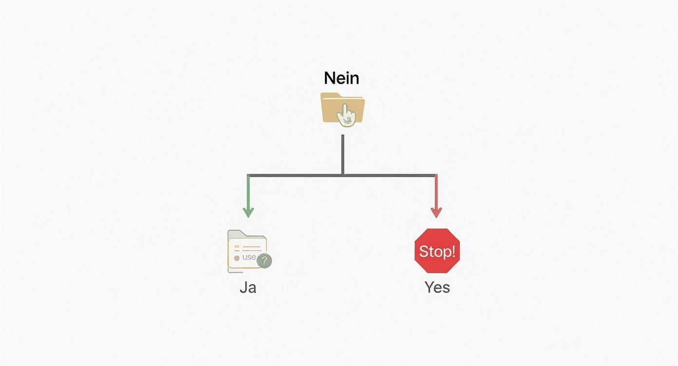 Flussdiagramm zeigt Entscheidungspfad von 'Nein' zu 'Ja' oder 'Stop!' mit Ordner- und Stoppschild-Symbolen.