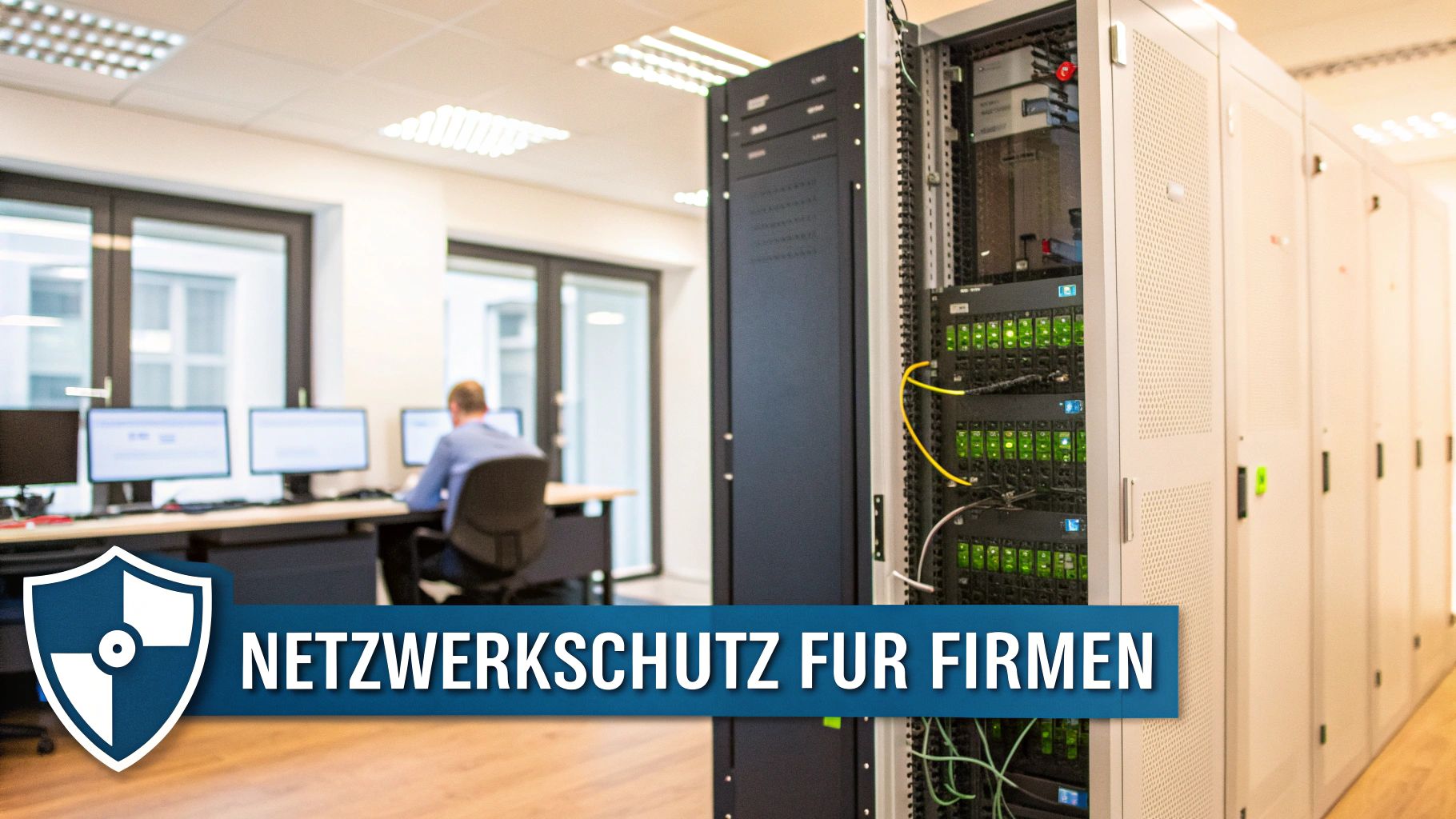 Serverräume und Büroumgebung mit Mitarbeiter am Computer, symbolisieren Netzwerkschutz für Firmen.