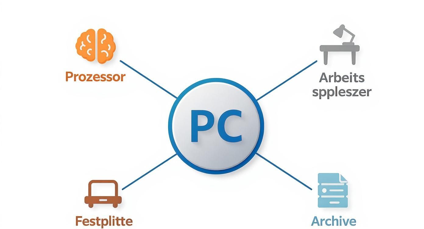 Diagramm zeigt PC im Zentrum mit vier Komponenten: Prozessor, Arbeitsspeicher, Festplatte und Archive verbunden durch Linien