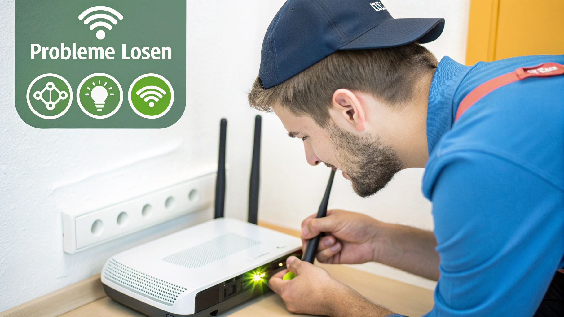 Eine Person blickt nachdenklich auf einen WLAN-Router auf einem Regal, um dessen Position zu optimieren.