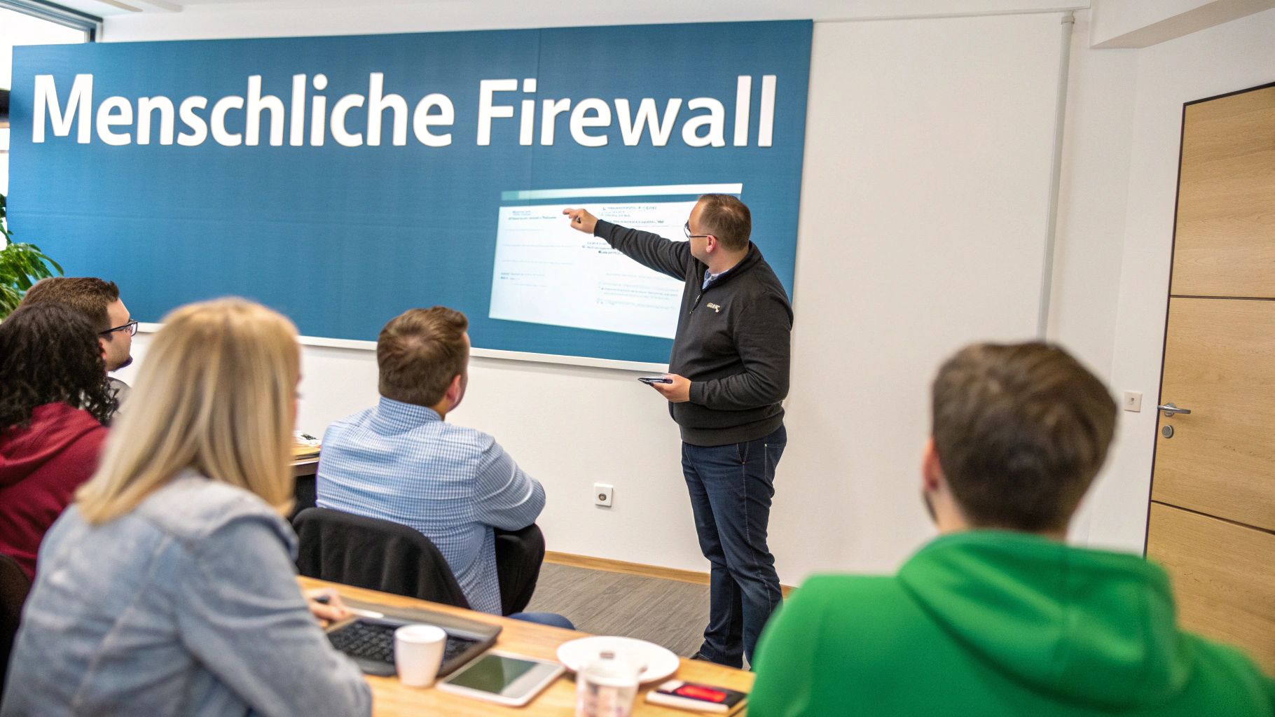 Ein Team von Mitarbeitern in einem Meetingraum, die aufmerksam an einer IT-Sicherheitsschulung teilnehmen.