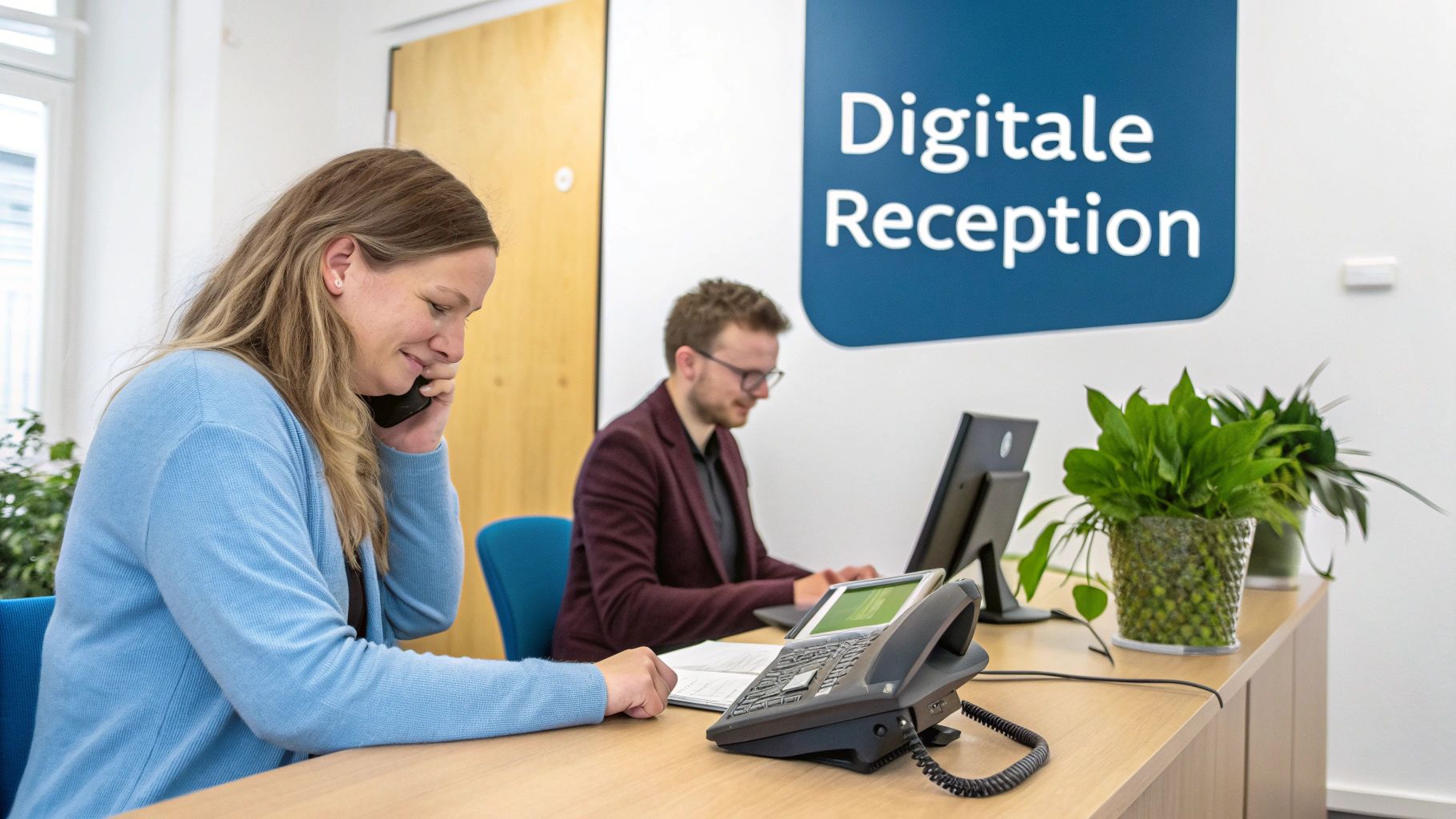 Eine lächelnde Frau telefoniert an einem Empfangstresen, während ein Kollege am Computer arbeitet. Über ihnen steht "Digitale Rezeption".